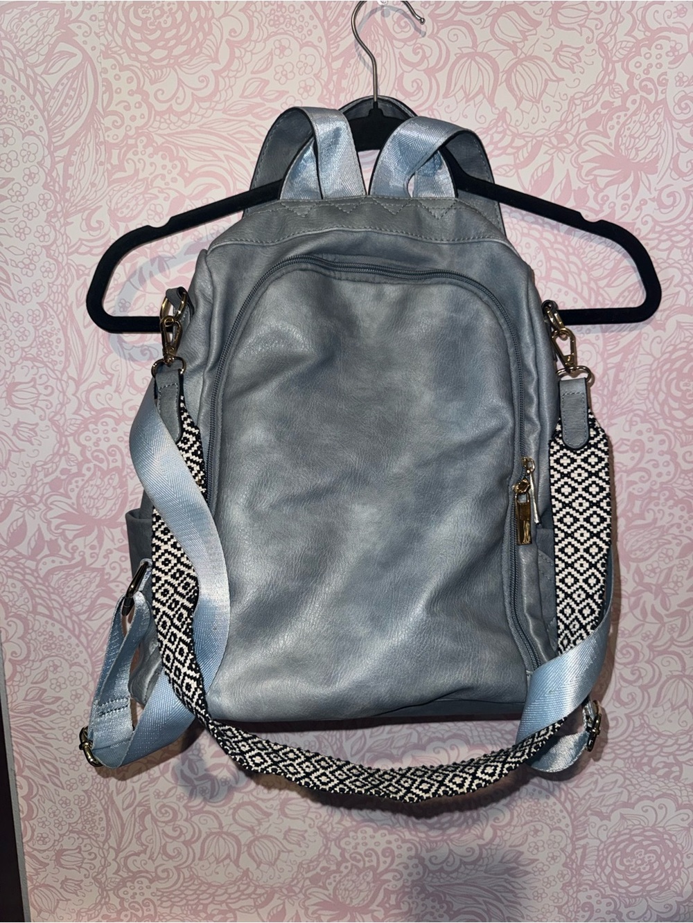 Light Blue Convertible Women's Backpack with Patterned Strap